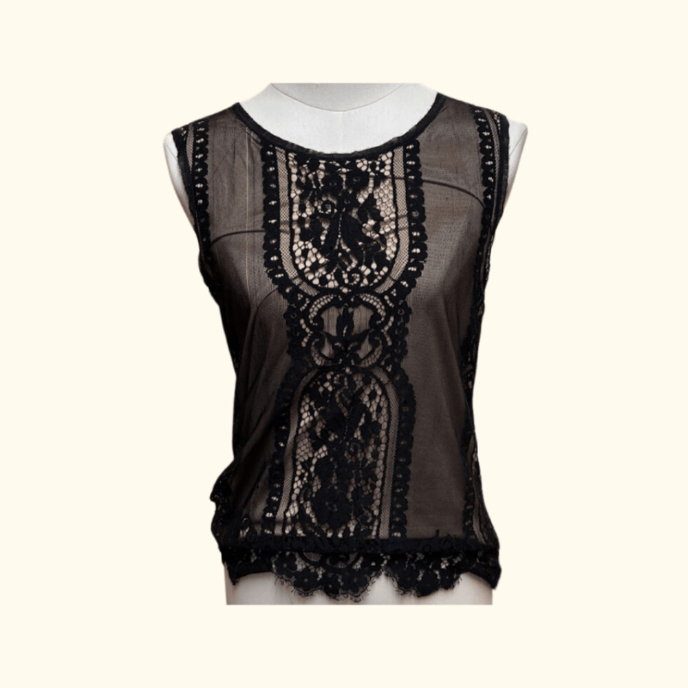 Max Studio Lace Tank Top | Black Cream | Size S | Vintage Y2K